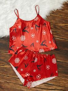 Plus Christmas Print Satin PJ Set - Red - View 3