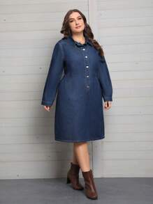 SHEIN Privé Plus Button Front Denim Dress - Dark Wash - View 4