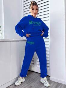 SHEIN Unity Letter Graphic Kangaroo Pocket Drop Shoulder Drawstring Hoodie & Sweatpants - Royal Blue - View 3