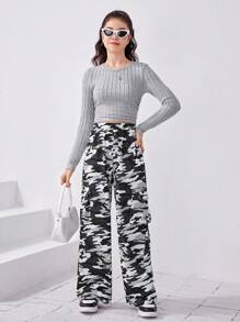 SHEIN 少女純色 T 恤和迷彩印花闊腿褲 - 灰色 - 查看 3