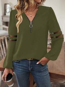 SHEIN LUNE Contrast Mesh Lantern Sleeve Half Zip Blouse - Army Green - View 1