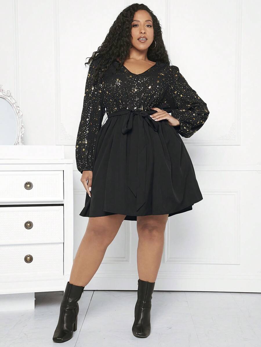 SHEIN CURVE+ 大碼金色星星印花燈籠袖繫腰帶洋裝