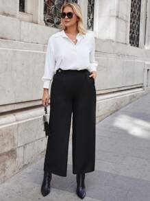 RueChic Plus Solid Wide Leg Pants - Black - View 5
