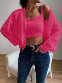 SHEIN Unity 素色針織吊帶短上衣&落肩袖開襟開衫 - 玫紅色 - 查看 3