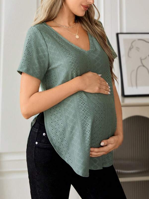 SHEIN Maternity Eyelet Embroidery Curved Hem Tee