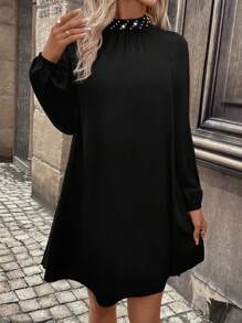 SHEIN Clasi 珍珠串珠小高領燈籠袖洋裝 - 黑色 - 查看 4