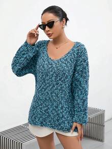 SHEIN Privé Allover Pattern Drop Shoulder Sweater - Blue - View 3