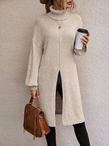 EMERY ROSE Turtleneck Drop Shoulder Split Thigh Longline Sweater,Long Sleeve Tops Knit Pullover Fall Winter Outfit - Apricot - View 5