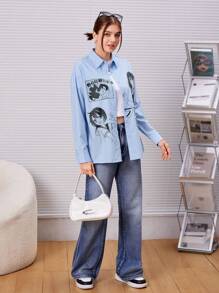 SHEIN Teen Girl Figure Graphic Drop Shoulder Shirt - Baby Blue - View 5