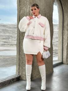 SHEIN Privé Hơn Hoa văn kẻ sọc Thả vai Áo Teddy Jackets - trắng - Xem 5