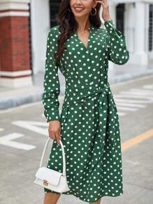 SHEIN Clasi In vết tròn Polka Váy có thắt lưng - màu xanh lá - Xem 1