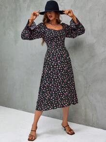 SHEIN Clasi 碎花喇叭袖高衩洋裝 - 彩色 - 查看 4