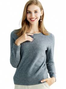 100% Merino Wool Women's Warm Soft Solid Round Neck Sweater - Grey - View 2