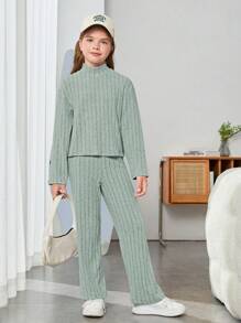 SHEIN Tween Girl Mock Neck Ribbed Knit Tee & Pants - Mint Green - View 3