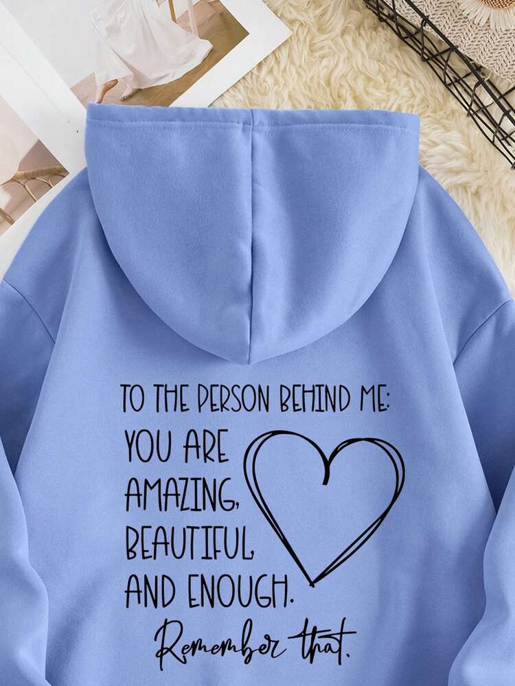 Plus Size Women Slogan & Heart Print Long Sleeve Casual Thermal Lined Sweatshirt, Autumn/Winter