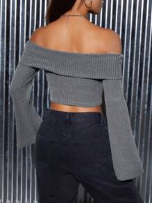 SHEIN PETITE 一字肩喇叭袖短款T恤 - 灰色 - 查看 2