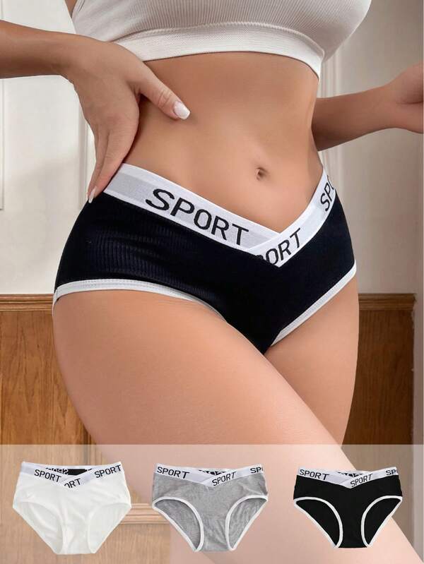 3pcs Letter Graphic Contrast Binding Panty Sets