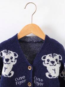 Young Boy Bear & Letter Pattern Cardigan - Navy Blue - View 3