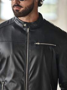 Manfinity 男士拉鏈開襟PU皮革夾克 - 黑色 - 查看 6