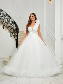 SHEIN Belle 單肩貼花網紗覆蓋婚紗洋裝