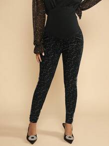 SHEIN Maternity Wide Waistband Contrast Sideseam Glitter Leggings - Black - View 4