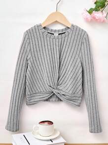 SHEIN 純色休閒長袖t恤,適合春秋季的少女,帶扭結式下擺 - 淺灰色 - 查看 1