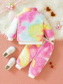 SHEIN 女孩嬰兒紮染櫻桃刺繡袋鼠口袋絨毛衛衣和褲子 - 彩色 - 查看 2