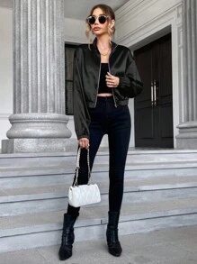 SHEIN Essnce Zip Up Drop Shoulder Satin Jacket In Fall/Winter - Black - View 5