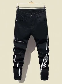 Manfinity Roughcore Men Cotton Letter Graphic Ripped Frayed Jeans, Men Graphic Jeans, Black Ripped Jeans Men, Men Hip Hop Jeans, Men Streetwear Jeans, Men Black Jeans With White Stripes - Black - View 1