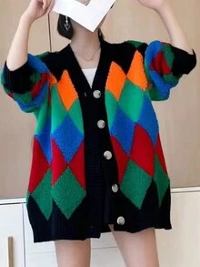 Argyle Plaid Drop Shoulder Oversized Cardigan - Black - View 6