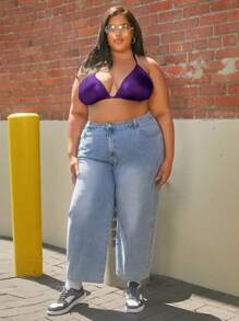 SHEIN CURVE+ Plus Solid PU Leather Halter Top - Purple - View 7