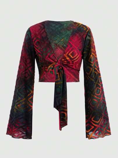 Hippie Top All Over Print Trompetenärmeln, Knoten vorn, Crop Mesh