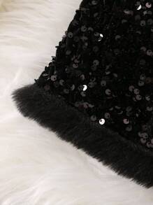 SHEIN 女小童拼接毛邊下擺亮片半身裙 - 黑色 - 查看 3