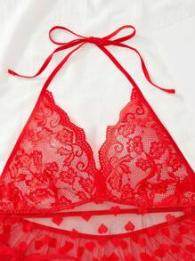 Plus Heart Pattern Contrast Lace Sheer Lingerie Set - Red - View 4