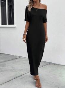 SHEIN Clasi Solid Asymmetrical Neck Batwing Sleeve Fitted Dress - Black - View 4