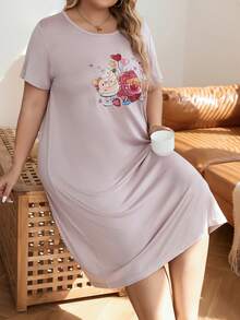 大碼圖案印花睡裙 - 粉色 - 查看 4