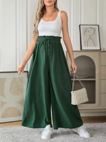 SHEIN Maternity Paperbag Waist Wide Leg Pants - Green - View 4
