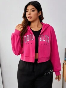 SHEIN EZwear Plus Size Letter Graphic Zip Up Sweatshirt - Hot Pink - View 6