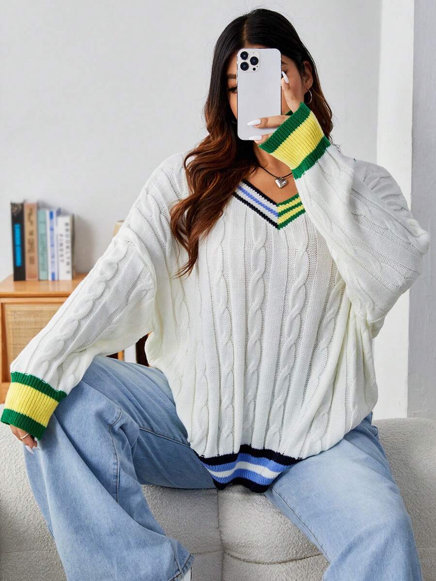 SHEIN EZwear 大碼條紋飾邊落肩袖板球毛衣 - 白色 - 查看 1