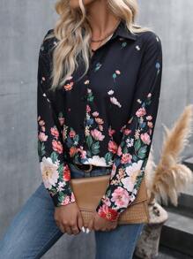 SHEIN LUNE Floral Print Button Front Shirt - Black - View 6