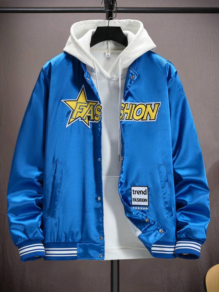 Men Star & Letter Graphic Striped Trim Varsity Jacket Without Hoodie