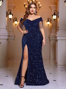 SHEIN Belle Plus Off Shoulder Fringe Trim Split Thigh Sequin Formal Dress - Navy Blue - View 2