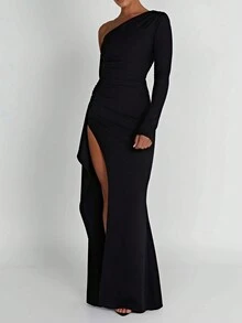 Asymmetric Neckline High Slit Dress, Sexy For Wedding, Birthday, Club, Fall Back To School, Christmas, Country Music Concert - Black - View 3