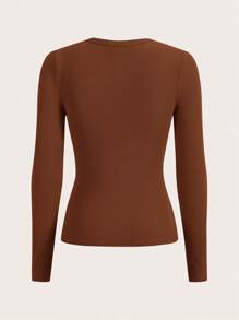 SHEIN BASICS Solid Ribbed Knit Tee - Rust Brown - View 2