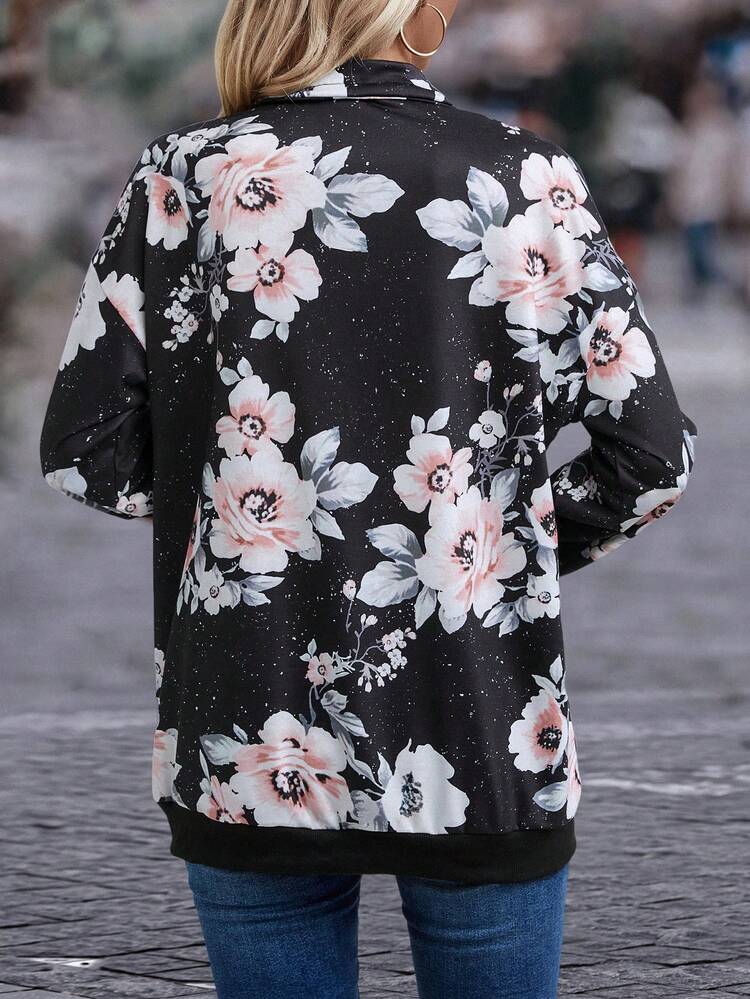Floral Print Kangaroo Pocket Drop Shoulder Hoodie