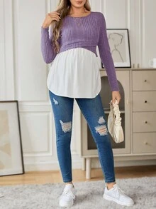 SHEIN 孕婦兩色羅紋針織荷葉邊哺乳 2 合 1T恤 - 淡紫色 - 查看 4