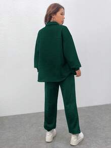 SHEIN EZwear 字母貼片落肩襯衫和運動褲 - 墨綠色 - 查看 2