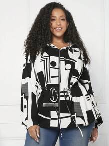 SHEIN CURVE+ Plus Geo Print Drawstring Waist Hooded Coat - Black and White - View 3