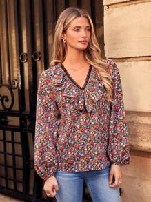 SHEIN Frenchy Blusa con estampado floral ribete con fruncido de manga farol ribete con fruncido - Multicolor - Ver 3