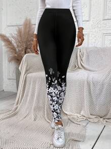 SHEIN LUNE 印花緊身打底褲 - 黑色 - 查看 4